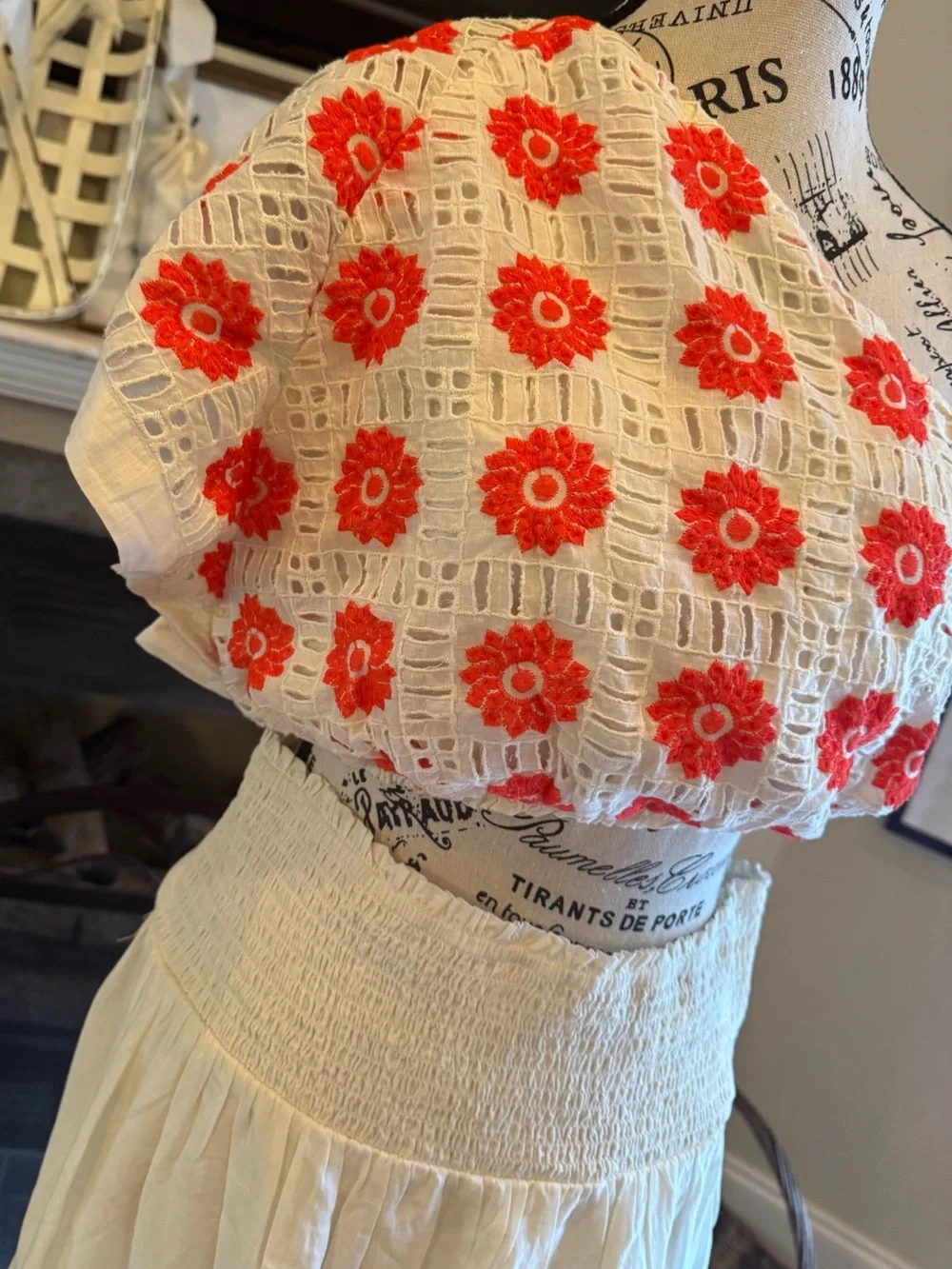 Anthropologie Skirt Set Boho Eyelet Orange Cream Floral Midi Skirt Crop Top MED
